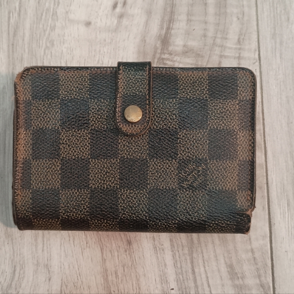 Auth Louis Vuitton LV Damier Vienois Wallet w/ Gold Fittings Canvas Brown - Picture 1 of 16